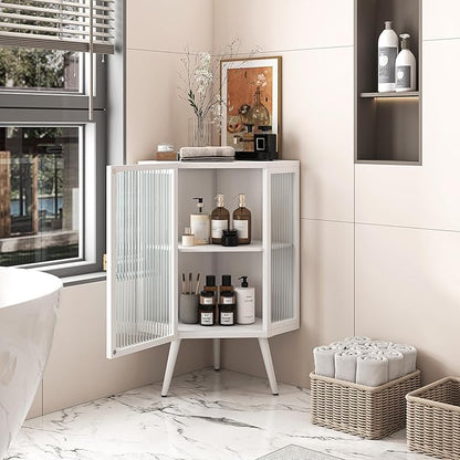 Corner Storage Cabinet with Glass Door, 31" & 43" Freestanding Triangle Floor Cabinet Modern Display Organizer Medicine Cabinets for Bathroom Living Room Bedroom (White 2, 31")