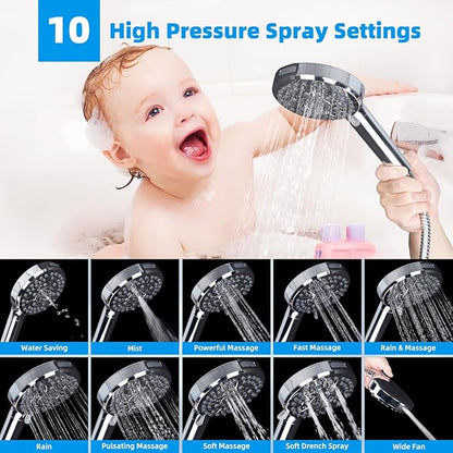 Hibbent All Metal 10'' Dual Filtered Rainfall Shower Head Combo, High Pressure Handheld Shower Head with 16'' Adjustable Arc Extension Arm, 20 Stage Shower Filter, 10-spray, 71'' Shower Hose, Chrome