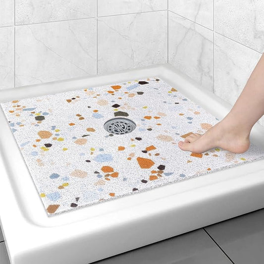 Square Shower Mat Non Slip: 27x27 Inch Shower Floor Mat with Drain Hole in Middle, Super Soft and Comfortable PVC Loofah Massage Bath Mat for Shower, Anti Slip Shower Stall Mat, Quick Drying