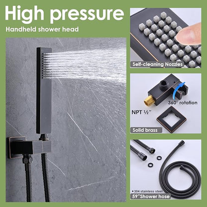 Enga Dual Shower Head System with Body Jets, 12"+ 6" Wall Mounted Dual Rain Shower Faucet with Valve Kit, Oil Rubbed Bronze