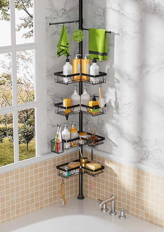 Tension Rod Shower Caddy Corner - Tension Pole Shower Caddy with 2 Towel Bars & Toothbrush Holder, Black Bathtub Organizers and Storage Corner Stainless Steel(Tall 25 to 114.2 Inches)