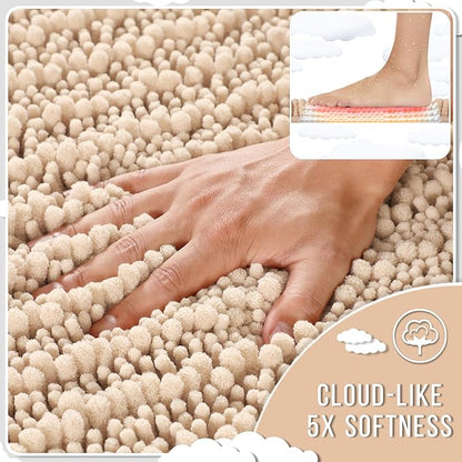Yimobra Bathroom Rugs Sets 2 Piece - Quick Dry Extra Thick Luxury Chenille Bath Mat, Non Slip Super Absorbent for Tub Shower Sink, Machine Washable Shaggy Floor Mat, 32"x20"+24"x17" Inch, Light Brown