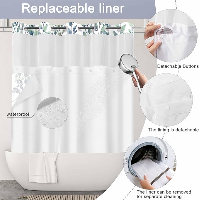 No Hook Shower Curtain and Liner Set, Green Eucalyptus Floral Shower Curtains for Bathroom, Bath Curtain Sets with Snap in Liner, Waterproof with See Through Top Window, 71x77 Inches