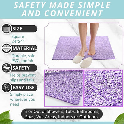 Enkosi Loofah Shower Mat Non-Slip - Anti-Slip Bath Mat for Inside Showers, Tub, Bathtub, Bathroom - Quick Dry PVC with Drain Holes - Cushioned Safety Grip - Secure for Kids and Elderly (Purple 24x24)