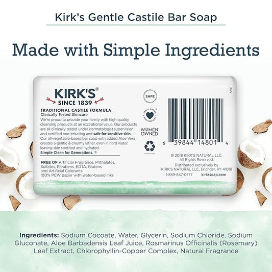 Kirk's Natural Original Coco Castile Soap with Aloe Vera, Pack of 3