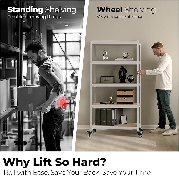 HOMEDANT House 5-Tier Metal Rolling Cart Shelf Rack Casters Heavy Duty Laminated Wheel Shelving Unit Adjustable Utility Storage Shelves Organizer Shelf Kitchen Garage (1, (M) 36.2" W, White)