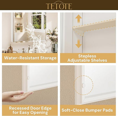 TETOTE 40 x 32 Medicine Cabinet with Tempered Beveled Mirror White Bathroom Mirror with Storage Aluminum Cabinet DTC Hinges, Stepless Adjustable Shelves, Recessed/Surface-Mounted