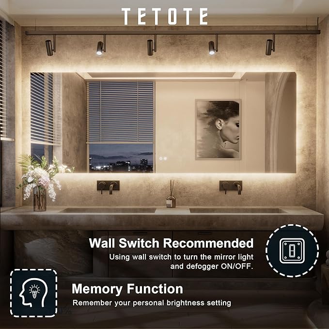 TETOTE 48 x 36 Inch LED Backlit Bathroom Mirror with Lights, 3Color White/Warm/Natural, Anti-Fog Lighted Mirror,Dimmable,Vanity Mirror,Wall Mounted