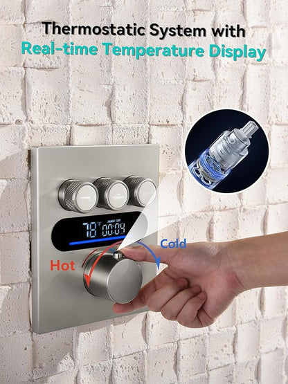Lefton Shower System in Fahrenheit Display (Battery-free), 13” Overhead Round Rainfall Shower Head with All-in-one Handheld Spray Showerhead, 4-in-1 Control System, SSWM2501 (Brushed Nickel)