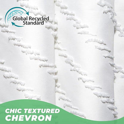 Extra Long Shower Curtains 72 x 84 Inches White Tufted Chevron Striped Fabric Shower Curtains for Bathroom Modern Shabby Chic Waterproof Cloth Shower Curtain, White