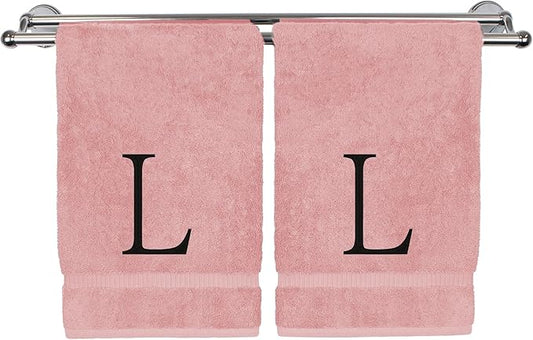 Monogrammed Hand Towel, Personalized Initial Gift, Extra Absorbent 100% Turkish Cotton - Soft Terry Finish - Set of 2 - Black Block Initial L - Embroidered on Pink Towels