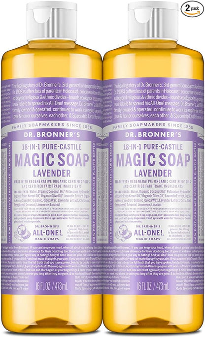 Dr. Bronner's Pure-Castile Magic Liquid Soap (Lavender, 16 Ounce, 2-Pack)- Made with Regenerative Organic Certified Oils, 18-in1 Uses: Face, Hair, Hand & Body Soap, Laundry, Pets- Concentrated, Vegan
