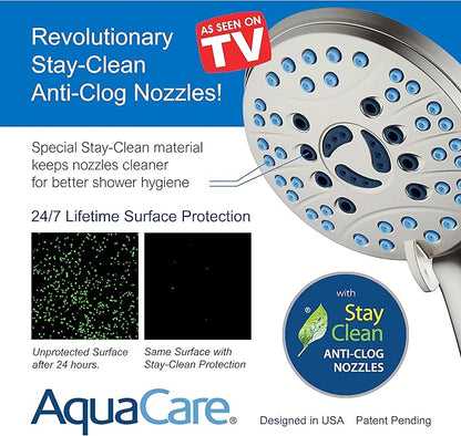 Hotel Spa AquaCare As-Seen-On-TV High Pressure Handheld/Rain 50-mode 3-way Shower Head Combo with Adjustable Arm - Anti-clog Nozzles, Tub & Pet Power Wash, 6 ft. Stainless Steel Hose, Nickel Finish
