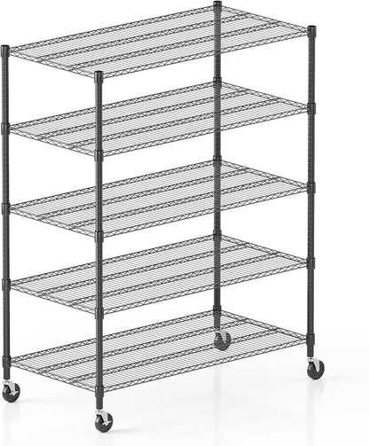 Homdox Heavy Duty Storage Shelves, 5 Tier Wire Shelving Unit with Wheels, Commercial Adjustable Metal Shelves for Storage, Garage Rack Pantry Shelves Kitchen Shelving, 24"x60"x82", Black