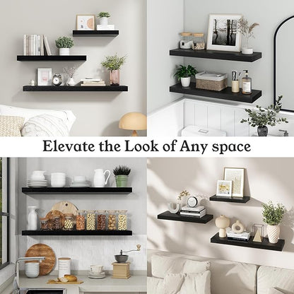 Floating Shelves for Wall, 9.3" Deep Wall Mounted Wood Shelves for Bathroom, Bedroom, Living Room, Kitchen, Hanging Shelf for Books/Storage/Room Decor (Black, 48")