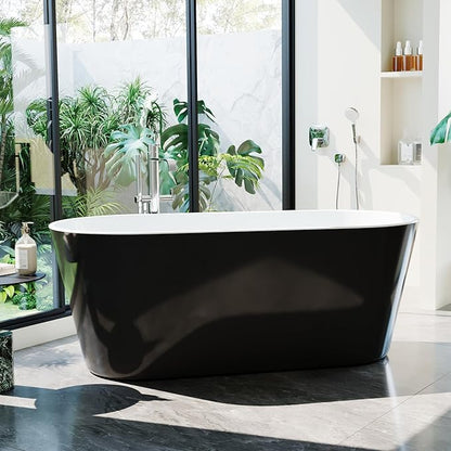 59'' Acrylic Freestanding Bathtub, Deep Soaking Tub with Non-Slip Base, cUPC Certified, Modern Black Bath Tub with Chrome Drain, Free Standing Tub for Bathrooms