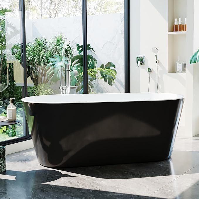 67 Inch Freestanding Bathtub, Acrylic Soaking Bathtub with Chrome Drain and Overflow, Standalone Ergonomic Tub for Bathroom Relaxation, Deep Design for Family and Guest Use, Black