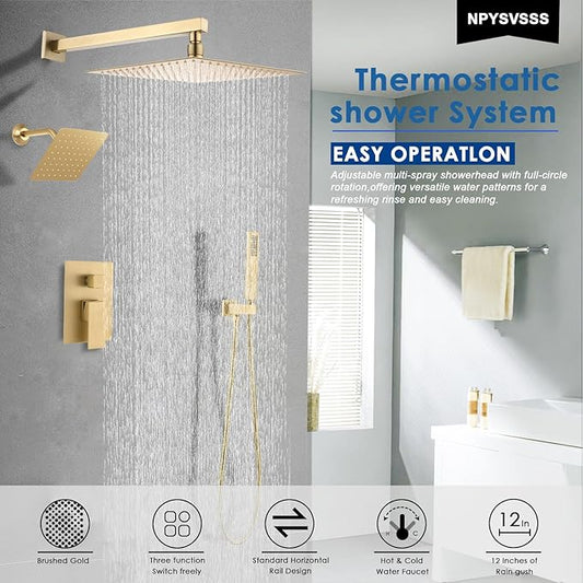 12" Shower Faucet Set Rain Shower System with 6" Wall Mounted Head Full Body Luxury Rain Shower System Rainfall Shower Head with Handheld Combo,3 Way Pressure Balance Valve Kit,Brushed Gold