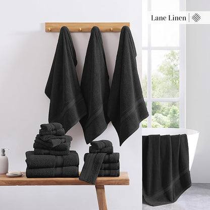 LANE LINEN Luxury Bath Towels Set - 6 Piece Set, 100% Cotton Bathroom Towels, Zero Twist, Quick Dry Shower Towels, Absorbent Bath Towel, Super Soft, 2 Bath Towels, 2 Hand Towels, 2 Wash Cloths - Black