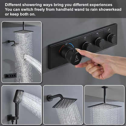 Shower System Brass Thermostatic Shower Faucet Set With Valve and Diverter Shower Mixer With Rain Head and Handheld High Pressure Square Rainfall