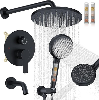 Iriber Mattle Black Bathtub Shower Faucet Set，Bathroom Shower System with Tub Spout ，Filtered Shower Head with Handheld, 9 Spray Mode Showerhead,Shower Valve Trim Kit Contain Cartridge,10 Inch