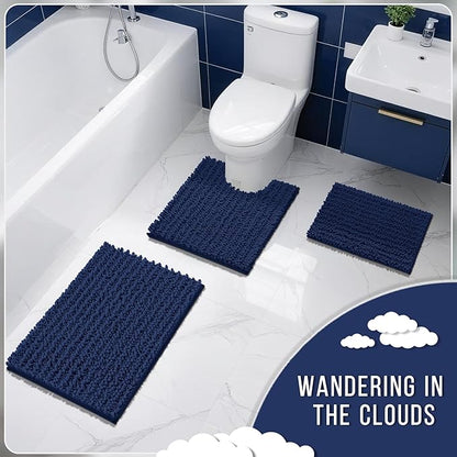 Yimobra Bathroom Rugs Non Slip Washable - Ultra Soft Absorbent Chenille Bath Mat, Quick Dry Shaggy Floor Carpet for Tub Shower, Navy Blue Home Decor Accessories, 24x17 Inch