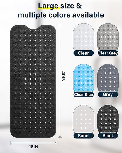 Non Slip Bathtub Mat for Tub & Shower, Machine Washable 40"x16" Anti Slip Bath Mat with 2 Hooks, Soft & Comfortable and Extra Largefor Families, Black