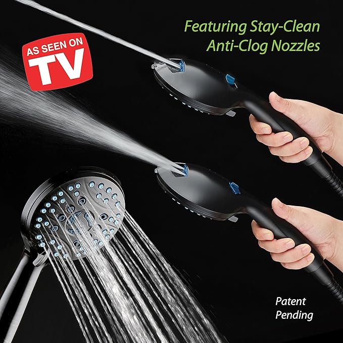 Hotel Spa AquaCare As-Seen-On-TV High Pressure Handheld & Rain 50-mode 3-way Shower Head Combo with Anti-clog Jets, 2-mode Tub & Pet Power Wash, Extra Wall Bracket, 6 ft. Hose, Matte Black