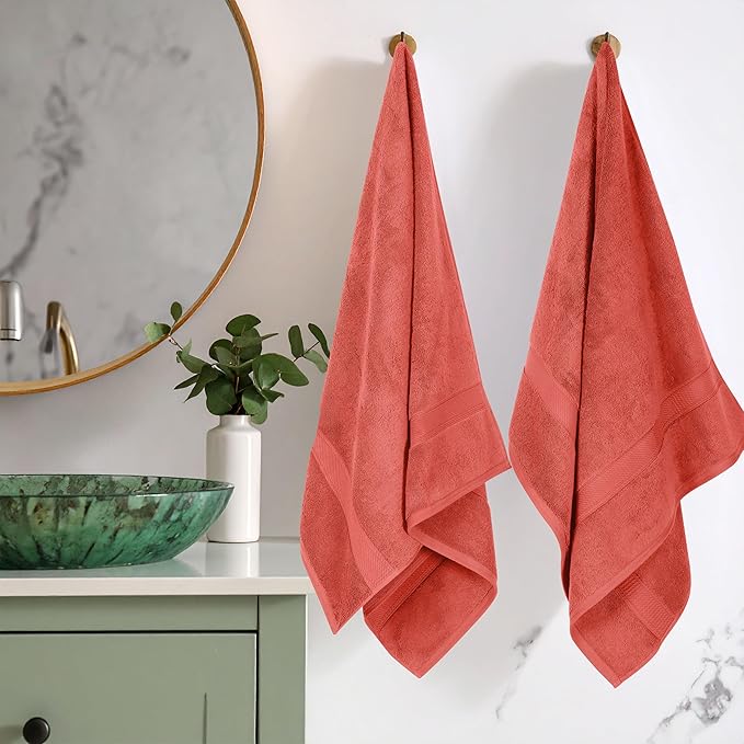 Superior Egyptian Cotton Pile Bath Towel Set of 2, Ultra Soft Luxury Towels, Thick Plush Essentials, Absorbent Heavyweight, Guest Bath, Hotel, Spa, Home Bathroom, Shower Basics, Coral