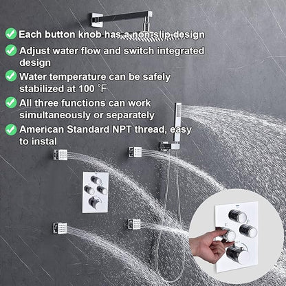 Push Button 3 Way Thermostatic Shower Diverter Valve, Concealed 3 Outlet Multi Function Brass Mixer Shower Valve Kit Can Control Flow and On-Off Simultaneously, Polished chrome