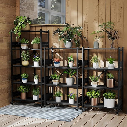WORKPRO 5-Tier Folding Shelf, No-Assembly Metal Storage Rack with Wheels, 750 lbs Capacity (with Leveling Feet), Collapsible Shelving Unit for Kitchen, Pantry, Bathroom & Closet Organization