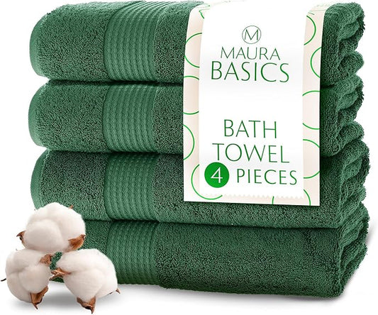 MAURA Basics Performance Bath Towels 100% Turkish Cotton with Hook Loops. Extra Large Luxury Absorbent Plush Towel Sets for Bathroom, Daily Use American Standard Size 27”x54”, Hunter Green
