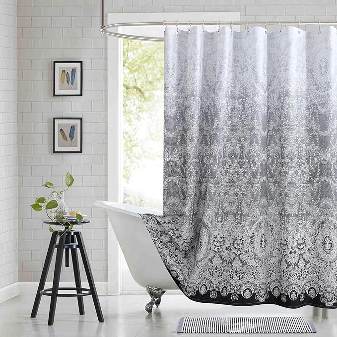 90 Inch Extra Long Shower Curtain - Chantilly Lace Design, Heavyweight Polyester, Black to White Ombre, 72" W x 90" H
