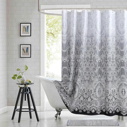 90 Inch Extra Long Shower Curtain - Chantilly Lace Design, Heavyweight Polyester, Black to White Ombre, 72" W x 90" H