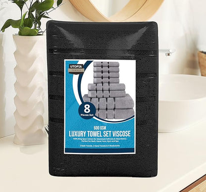 Utopia Towels 8 Piece Luxury Towel Set, 2 Bath, 2 Hand, and 4 Wash Cloths, 600 GSM Ring Spun Cotton, Highly Absorbent Viscose Stripe Towels, Ideal for Everyday use, Black