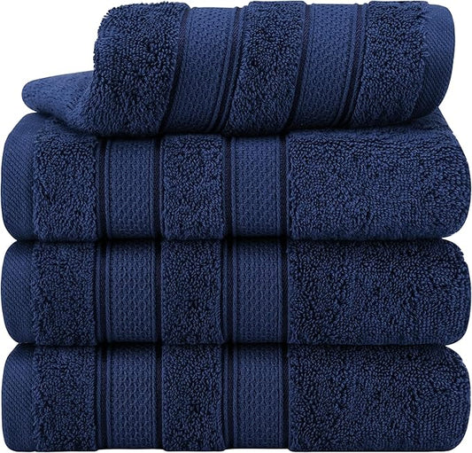 American Soft Linen Salem 100% Cotton Turkish 4 Piece Hand Towels for Bathroom, 600 GSM Soft Absorbent Quickdry Hand Face Towel Set, Navy Blue