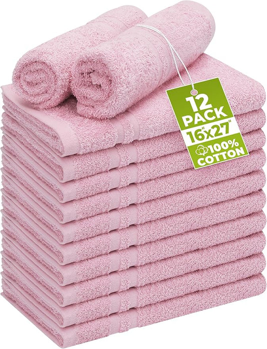 Utopia Towels Cotton Bleach Proof Salon Towel 16 by 27 inches, Bleach Safe Gym 100% Cotton Hand Towel, 12 Pack, Pink