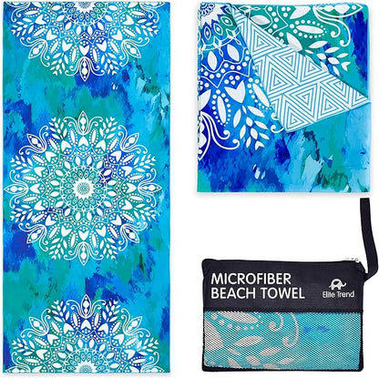 Elite Trend Microfiber Beach Towel for Adults with Bag - Extra Large 78x35 inch Lightweight Sand Free Quick Dry Towel for Travel, Swimming, Yoga, Camping (Mandala Blue)