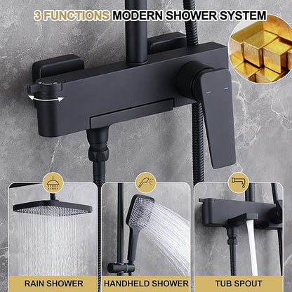 Shower Systems with 12 x8 Inches Rain Shower Head, Matte Black Exposed Pipe Shower System,3 Functions Tub Shower Faucet Sets,Overhead Shower System with Handheld
