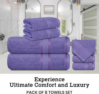 Casa Lino Bath Towel Set of 8 (2 Bath Towels, 4 Wash Cloths & 2 Hand Towels for Bathroom) - 100% Cotton - Highly Absorbent & Quick Dry - Guest Room Essentials for Bathroom Set - (Purple)