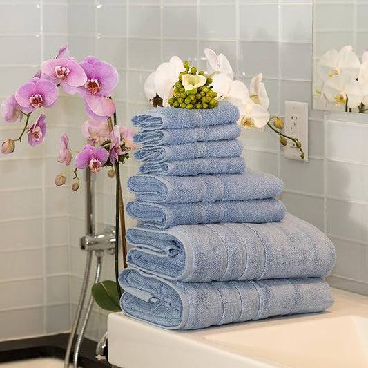 Mosobam Luxury Turkish 12pc Towel Set 30X58 16X30 13X13 Allure Blue 700 GSM Bamboo Viscose & Aegean Turkish Combed Cotton