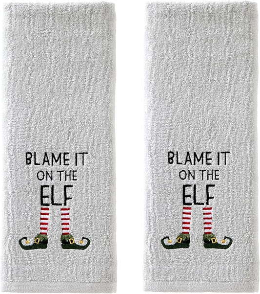 SKL Home Christmas/Winter Blame It On The Elf Hand Towel 2pc Set for Bath/Kitchen & Gift, Gray