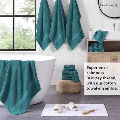 LANE LINEN 100% Ring Spun Cotton Bath Towel Set, 18PCs - 8 Washcloths, 4 Shower Towels, 6 Hand Towels for Bathroom - Hotel Quality Softness & Oeko-Tex Certified, Ultra Absorbent - Sea Port