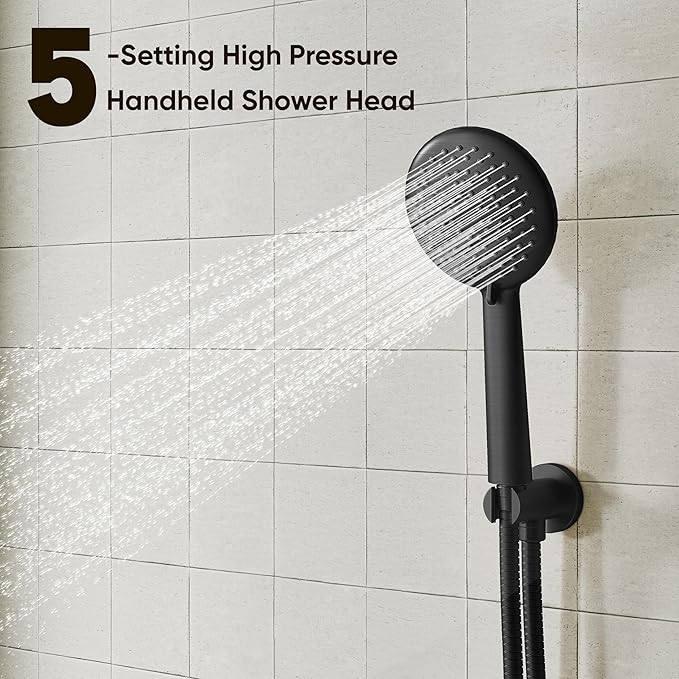 Gabrylly Shower System Black, Pressure Balance Shower Faucet Set, 10" Stainless Steel Rain Shower head with 5-Mode Handheld Shower Spray Combo,High Pressure Rainfall Shower Head Set, Matte Black
