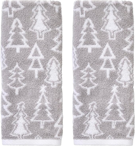 SKL Home Christmas/Winter Mod Tree 100% Cotton Premium 2-Piece Hand Towel Set, 450 GSM, Reversible Jacquard, Soft & Absorbent, Decorative for Bath/Kitchen/Bar, Gray