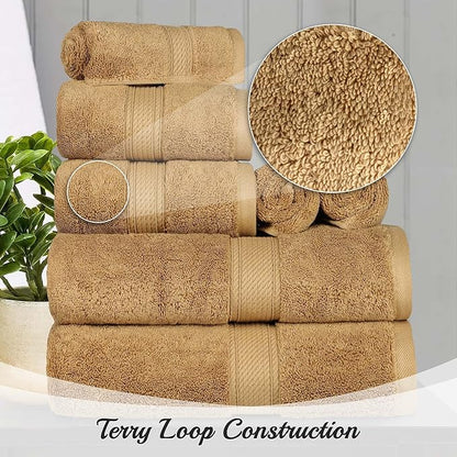 Superior Egyptian Cotton Pile 8 Piece Towel Set, Includes 2 Bath, 2 Hand, 4 Face Towels/Washcloths, Ultra Soft Luxury Towels, Thick Plush Essentials, Guest Bath, Spa, Hotel Bathroom, Toast
