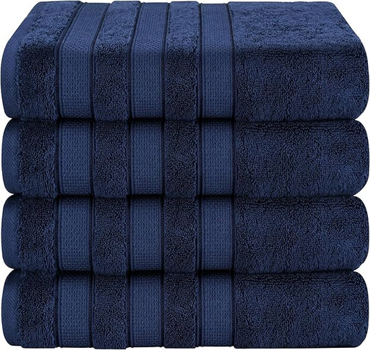 American Soft Linen Salem 100% Cotton Turkish 4 Piece Bath Towels for Bathroom, 600 GSM Soft Absorbent Quick Dry Bath Towel Set, Navy Blue