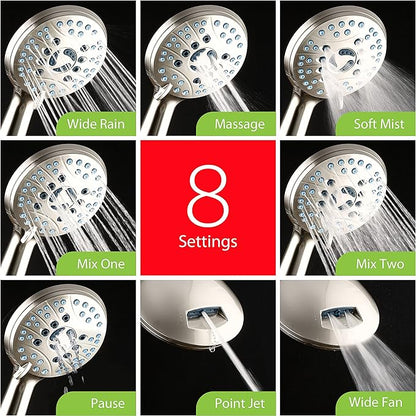 Hotel Spa AquaCare As-Seen-On-TV High Pressure Handheld & Rain 50-mode 3-way Shower Head Combo with Anti-clog Jets, 2-mode Tub & Pet Power Wash, Extra Wall Bracket, 6 ft. Hose, Nickel Finish