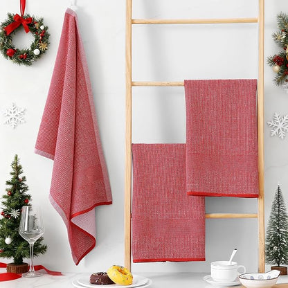 Homaxy Premium Kitchen Towels(18”x 28”, 6 Pack), Large Cotton Kitchen Hand Towels, Flat and Terry Dish Towels, 380 GSM Highly Absorbent Tea Towel Set with Hanging Loop, Red