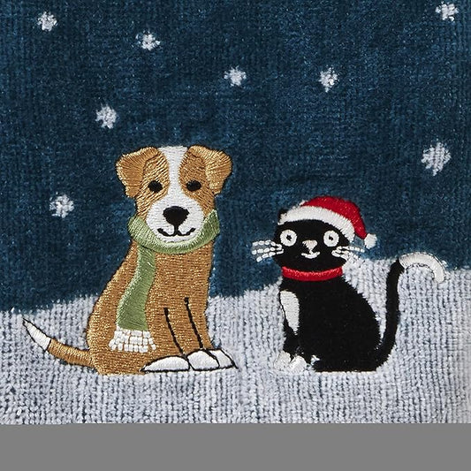 SKL Home Christmas/Winter Cat & Dog Hand Towel 2pc Set for Bath/Kitchen & Gift, Teal